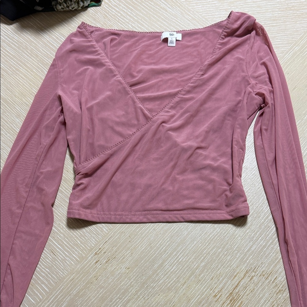 bp Mauve Long Sleeve Faux-Wrap Crop Top